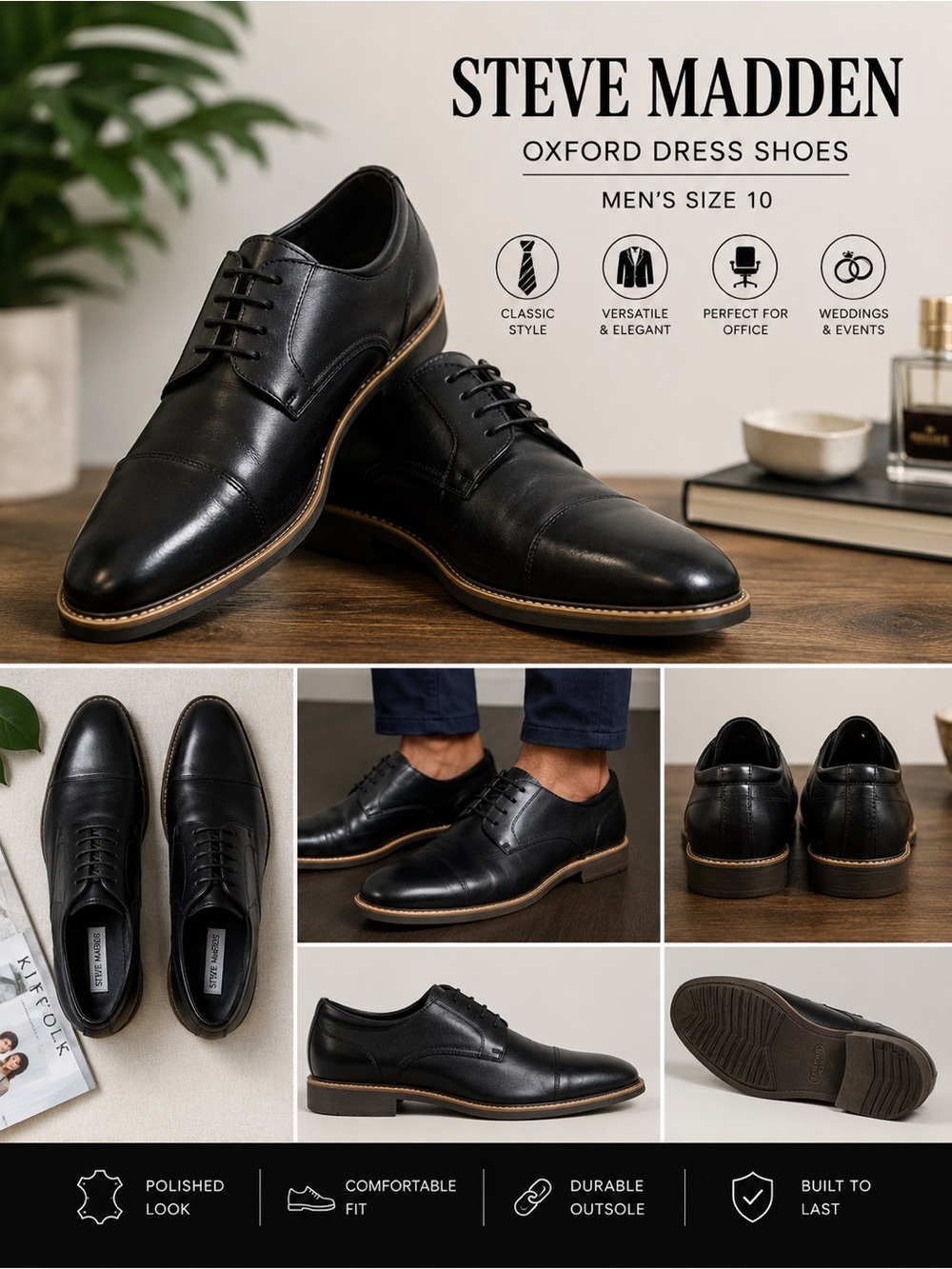 Steve Madden Black Cap Toe Oxford Leather Dress Shoes Men’s Size 10